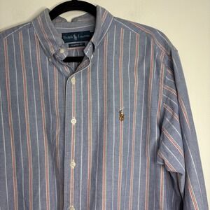 Ralph Lauren Mens L Blue Stripe Button Down‎ Long Sleeve Classic Fit Shirt